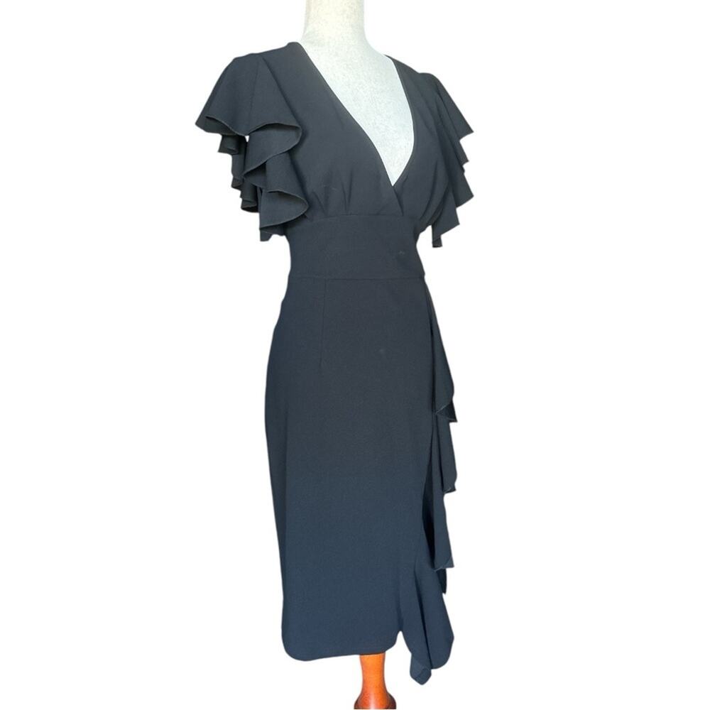 Black Ruffle Sleeve Fitted Midi Dress Front Slit Cocktail Evening Size 12 - Picture 3 of 7